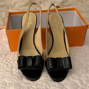 kate spade Beige and Black Peep-Toe Slingback Mules with Bow